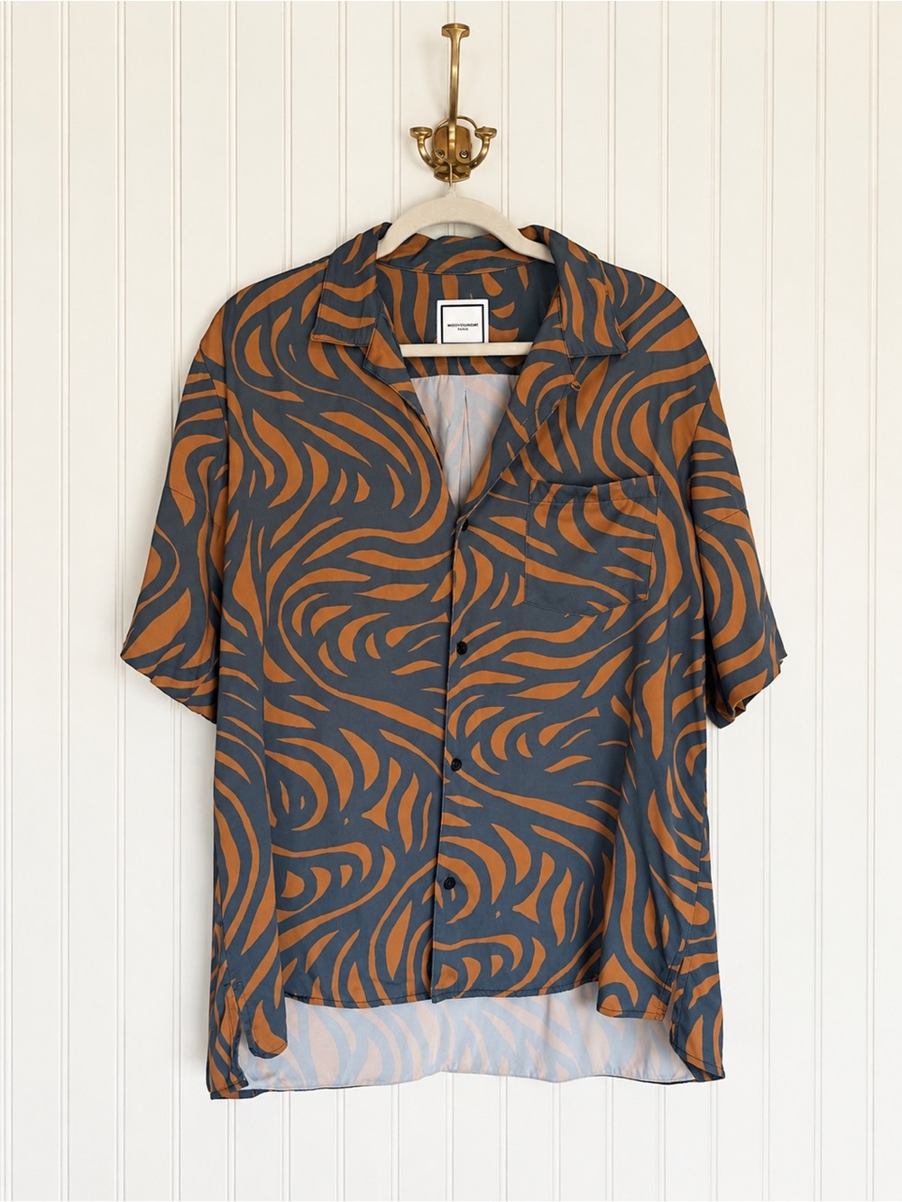 WOOYOUNGMI Paris men’s short sleeve abstract print camp collar shirt in size 48.
